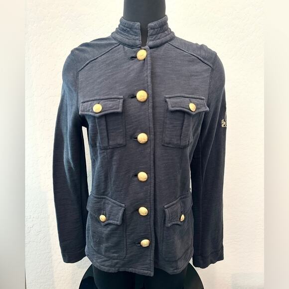 TOMMY HILFIGER Navy Military Jacket Gold Crest Buttons Embroidered Sleeve Small - Picture 2 of 8